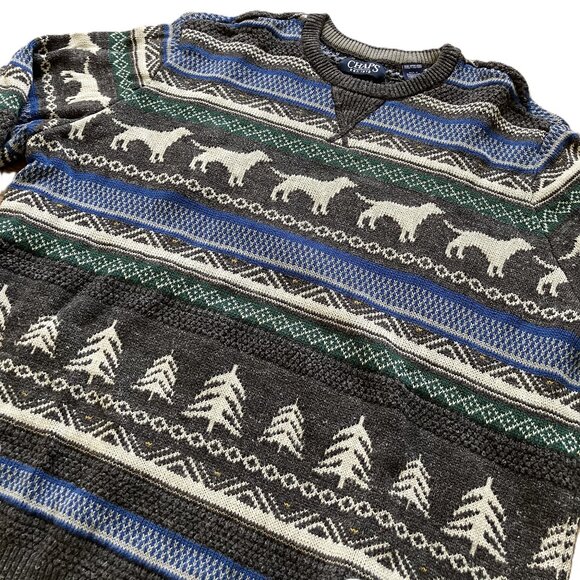 Chaps Holiday Knit Pullover Sweater Dog Fair Isle Grey/Blue CottonBlend Mens XXL - Picture 2 of 6